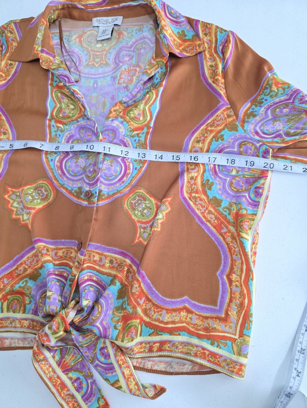 Rachel Zoe Tie Front Blouse M Boho Paisley Print Long Sleeve Crop Top - Picture 6 of 10